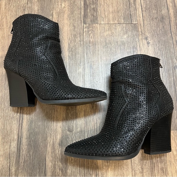 Soda Shoes - Soda Black Ankle Boots Rhinestone Studs Cowboy Booties Zipper Winter Party Eve 8